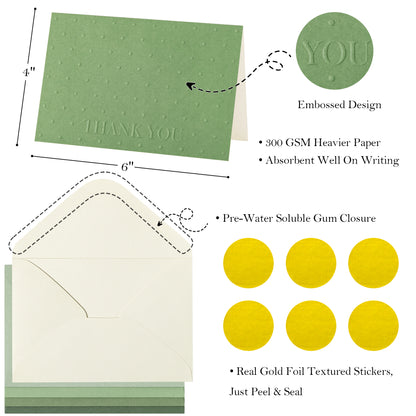 Crisky Shade of Sage Green Embossed Dots Thank You Cards (50 Pack) with Envelopes & Stickers Greeting Notes Bulk for Birthday, Baby Shower,Bridal Shower, Wedding, Graduation