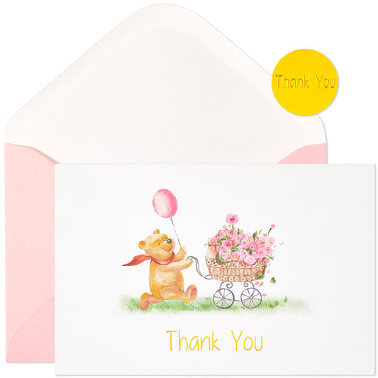 Crisky Baby Shower Girl Thank You Cards with Envelopes 25 Pack Pink Baby Shower Greeting Notes Bulk (Winnie the Pooh with Baby Carriage)