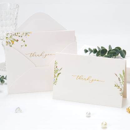 Crisky 4 Assortment Gold Foil Greenery Thank You Cards (50 pack) with Envelopes, Botanical Cards, Birthday, Baby Shower, Bridal Shower, Wedding, All Occasion