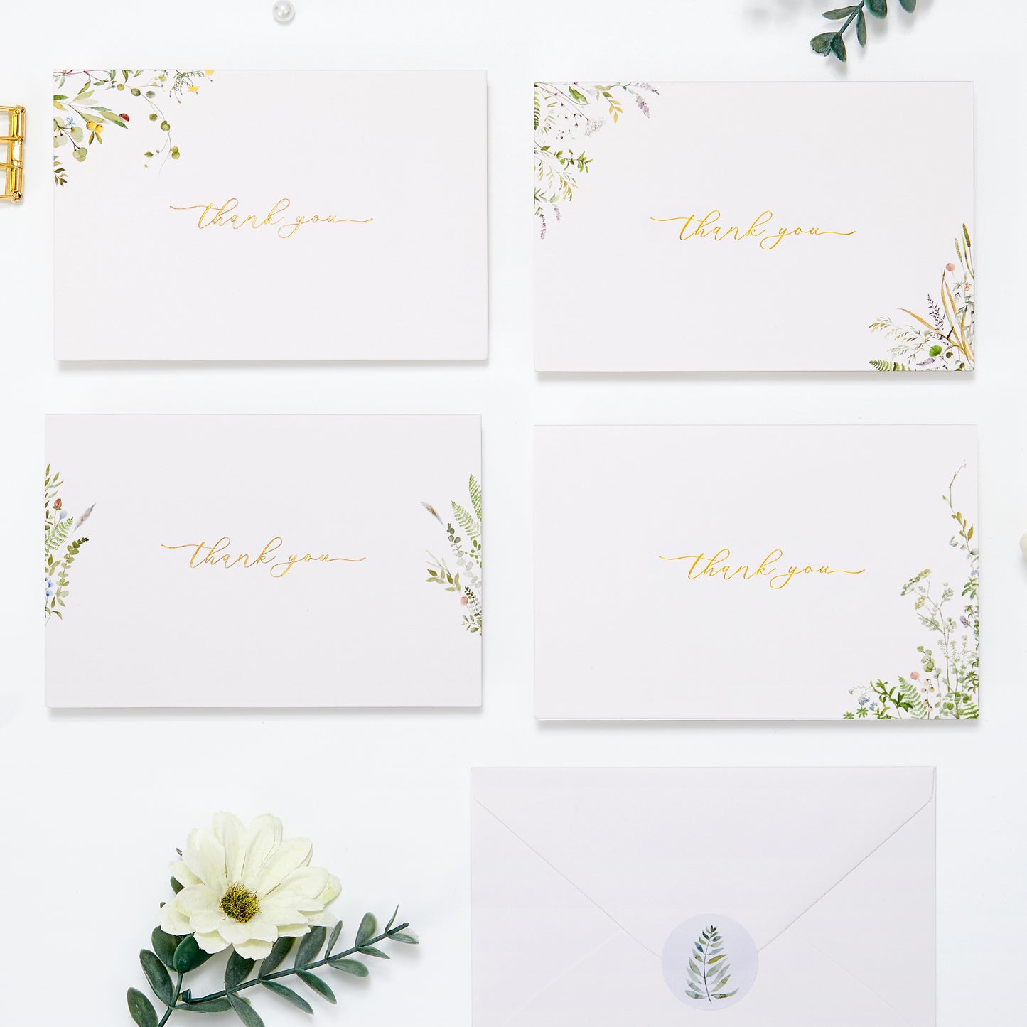 Crisky 4 Assortment Gold Foil Greenery Thank You Cards (50 pack) with Envelopes, Botanical Cards, Birthday, Baby Shower, Bridal Shower, Wedding, All Occasion