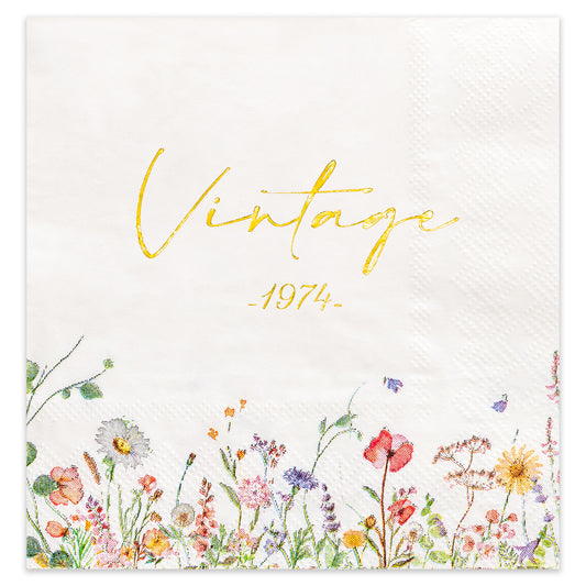 Crisky Wild Flower Cocktail Napkins Gold Foil Design Vintage 1974 Paper Disposable Napkins for Anniversary/50th Birthday Party Decoration, 3-Ply, 50 Counts