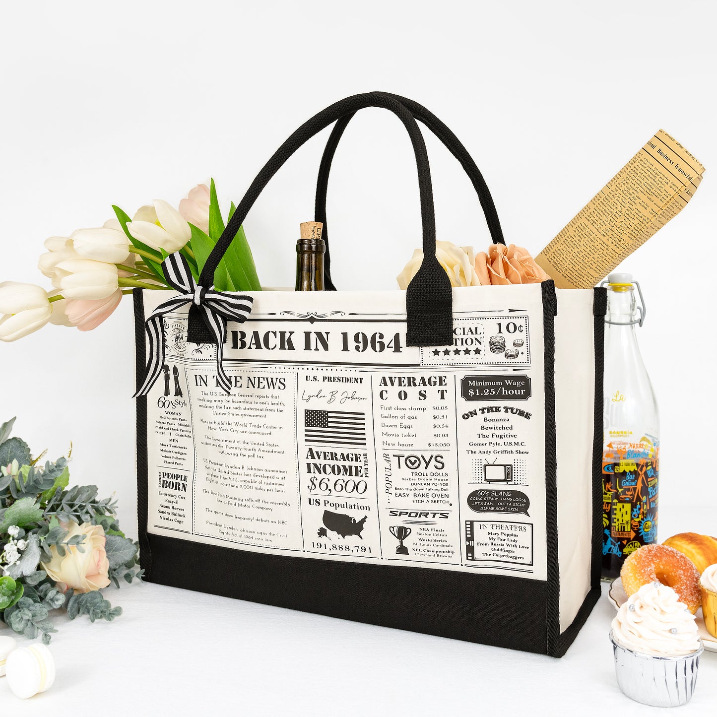 Crisky 60th Birthday Gifts for Women Canvas Tote Bag Vintage 1964 Beach Bag for Wife/Sister/Mom/Aunt/Friends 60th Birthday Gifts,17" x 12" x 7"