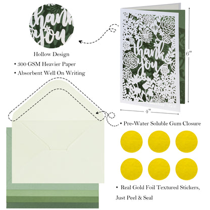 Crisky Hollow Cutting Thank You Cards 5 Assortment, Greenery Plants Design (25 Cards with Envelopes for Birthday, Baby Shower, Bridal Shower, Wedding, All Occasion)