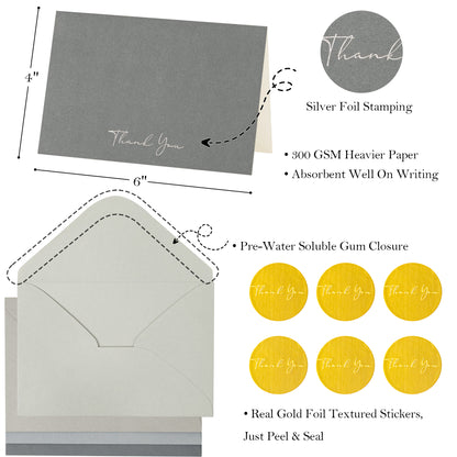 Crisky Shade of Earl Gray Silver Foil Thank You Cards (50 Pack) with Envelopes & Stickers Greeting Cards Bulk for Birthday, Baby Shower,Bridal Shower, Wedding, Graduation