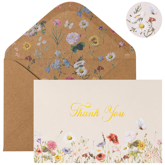 Crisky 50 Pack Vintage Wildflower Floral Gold Foil Thank You Cards with Envelopes & Stickers for Birthday, Baby Shower,Bridal Shower, Wedding, Graduation, Business