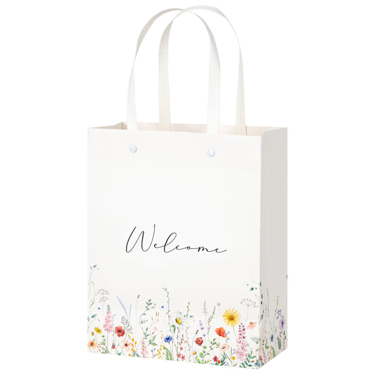 Crisky Paper Gift Bags 25 pcs Wildflower Welcome Bags for Hotel Guests, Candy Buffet Bags, Bridesmaid Groomsmen Gift Bridal Baby Shower Favor Bags, 10"x8"x4"
