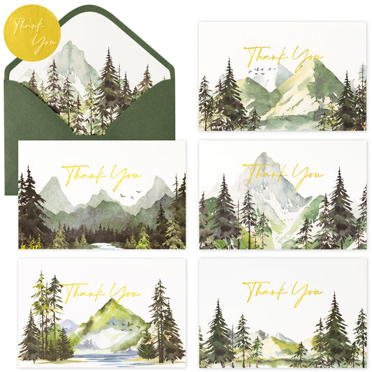 Crisky Thank You Cards 5 Assortment, Watercolor Forests Mountains Landscape Gold Foil Greeting Cards Bulk (50 Cards with Envelopes for Birthday, Baby Shower, Bridal Shower, Wedding, All Occasion)