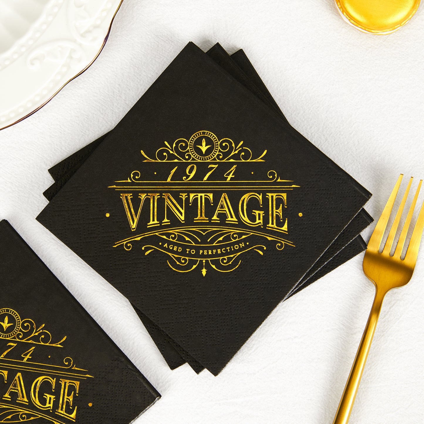 Crisky 50th Birthday Napkins Table Decorations Black Gold Vintage 1974 Beverage Dessert Cake Table Decorations Party Supplies 50 Count, 3-ply