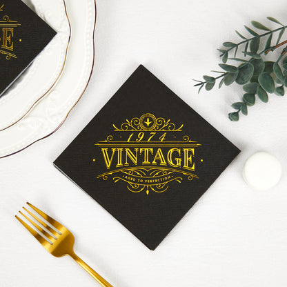 Crisky 50th Birthday Napkins Table Decorations Black Gold Vintage 1974 Beverage Dessert Cake Table Decorations Party Supplies 50 Count, 3-ply