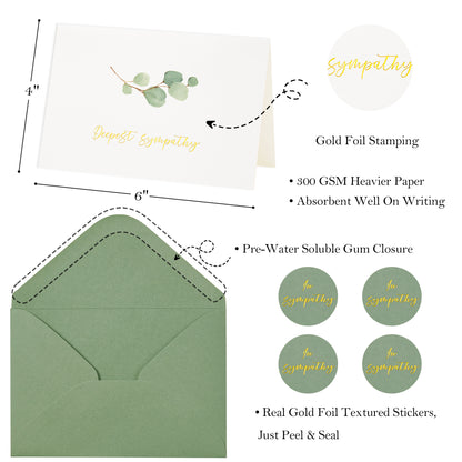 Crisky 12 Pack Greenery Gold Foil Sympathy Cards with Envelopes Boxed 4 Assortment Condolence/Bereavement Cards