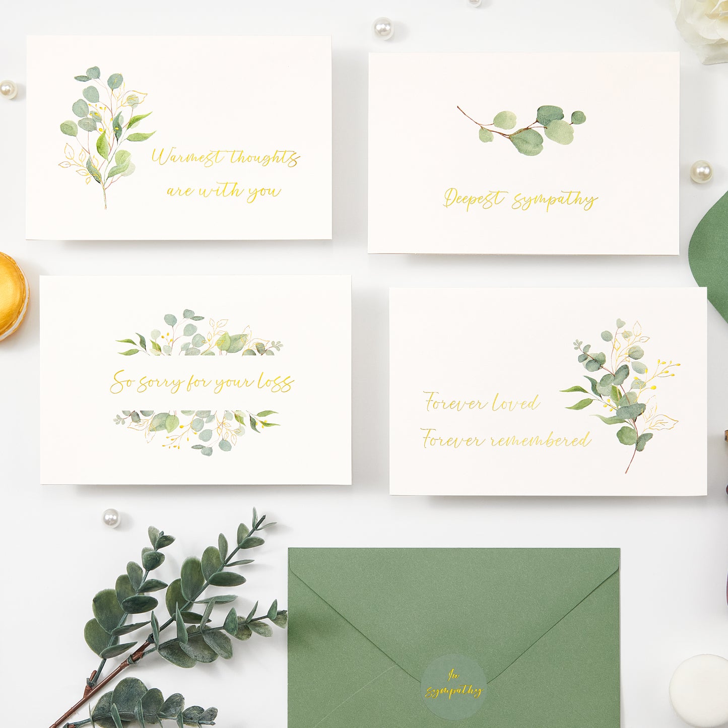 Crisky 25 Pack Greenery Gold Foil Sympathy Cards with Envelopes Boxed 4 Assortment Condolence/Bereavement Cards
