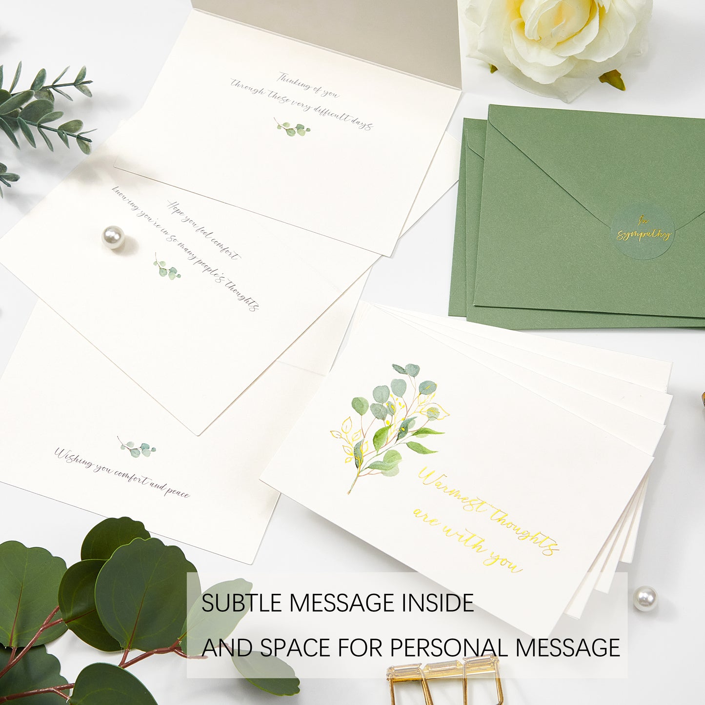 Crisky 12 Pack Greenery Gold Foil Sympathy Cards with Envelopes Boxed 4 Assortment Condolence/Bereavement Cards