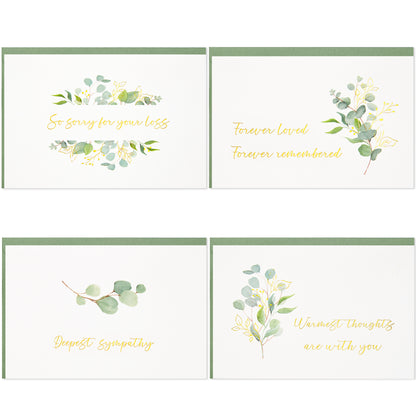 Crisky 12 Pack Greenery Gold Foil Sympathy Cards with Envelopes Boxed 4 Assortment Condolence/Bereavement Cards