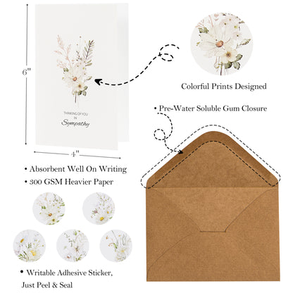 Crisky 25 Pack Watercolor White WildFlower Sympathy Cards with Envelopes Boxed 4 Assortment Condolence/Bereavement Cards