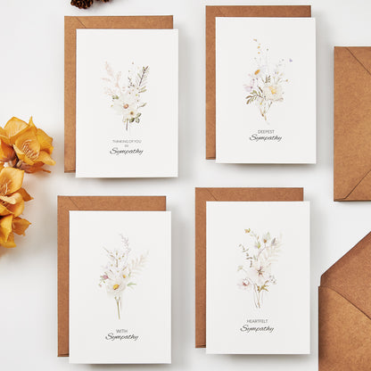 Crisky 4 Pack Watercolor White WildFlower Sympathy Cards with Envelopes Sealed 4 Assortment Condolence/Bereavement Cards