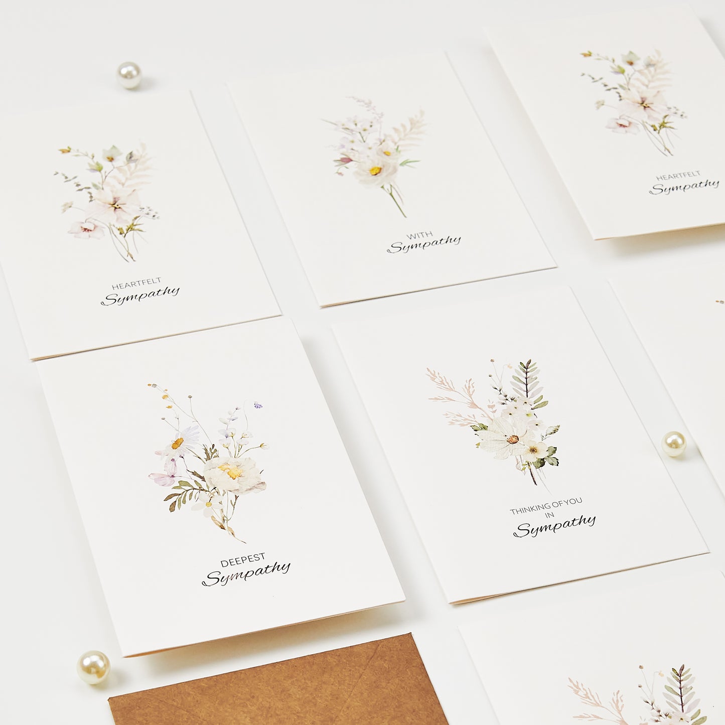 Crisky 4 Pack Watercolor White WildFlower Sympathy Cards with Envelopes Sealed 4 Assortment Condolence/Bereavement Cards