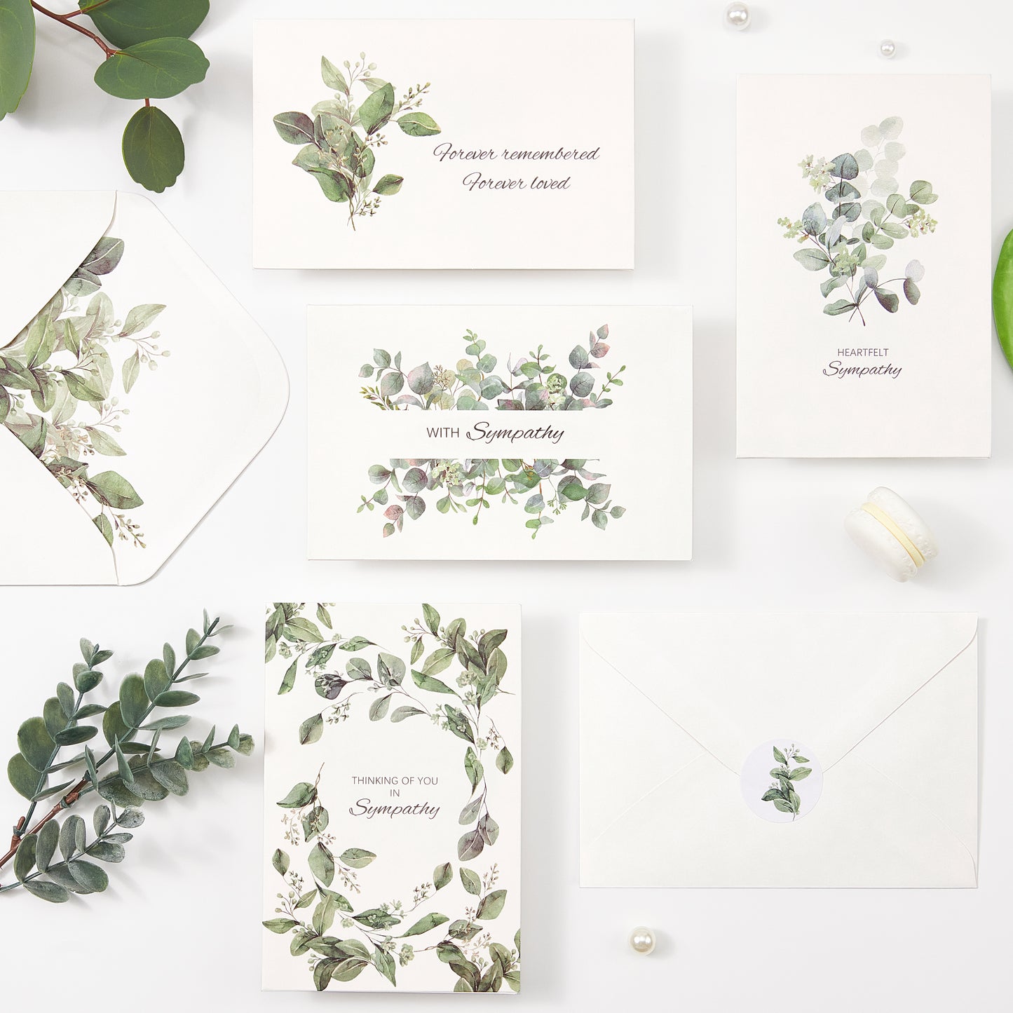 Crisky 4 Pack Greenery Eucalyptus Sympathy Cards with Envelopes sealed 4 Assortment Condolence/Bereavement Cards