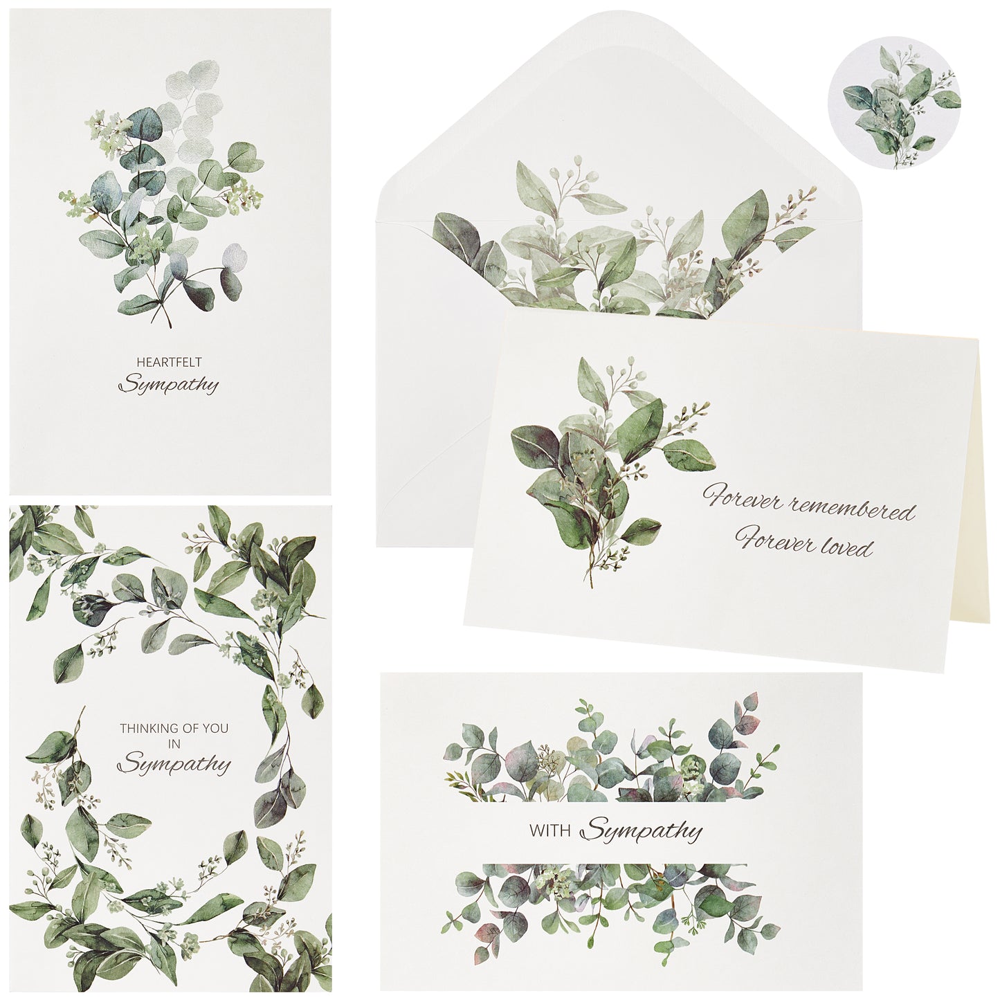 Crisky 4 Pack Greenery Eucalyptus Sympathy Cards with Envelopes sealed 4 Assortment Condolence/Bereavement Cards