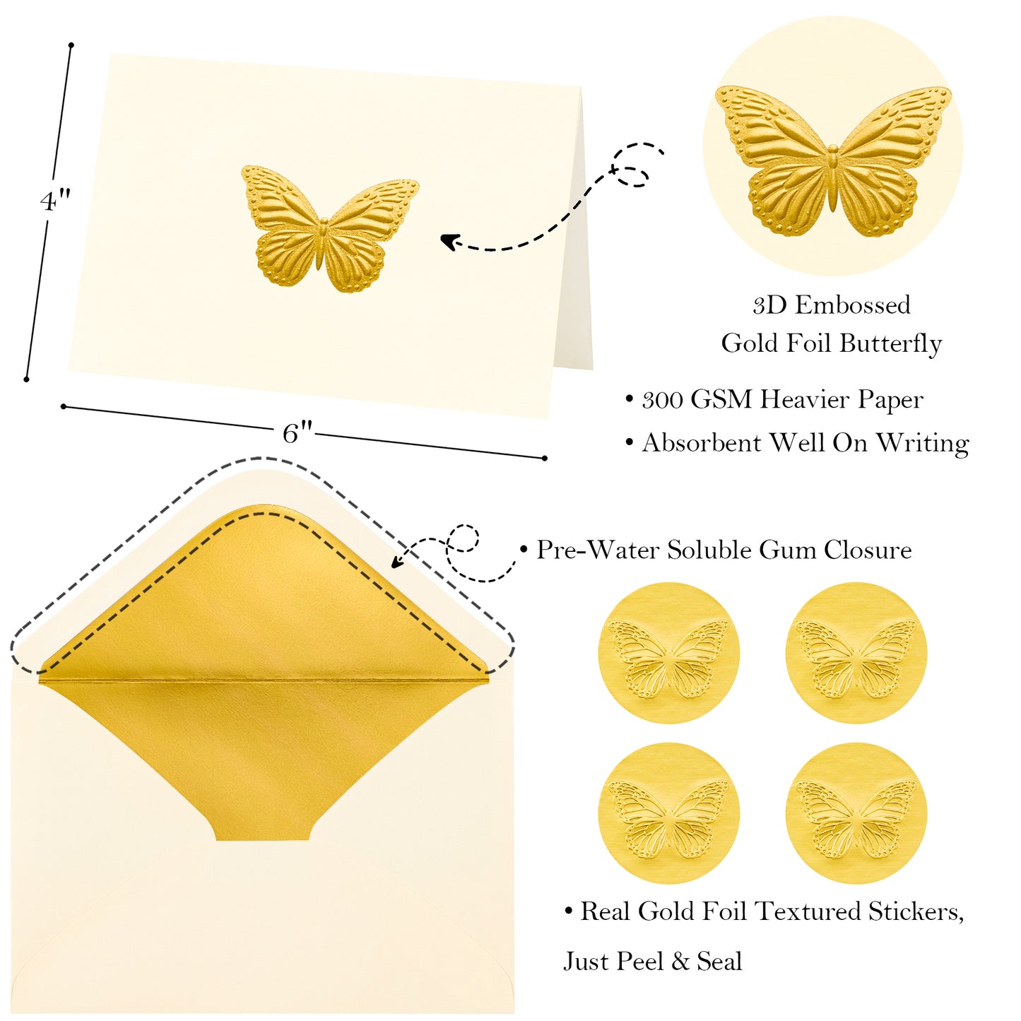 Crisky Embossed Gold Blank Greeting Cards with Envelopes & Stickers 50 Pack Butterfly Note Cards Bulk for Birthday, Baby Shower,Bridal Shower, Wedding, Graduation Blank Inside