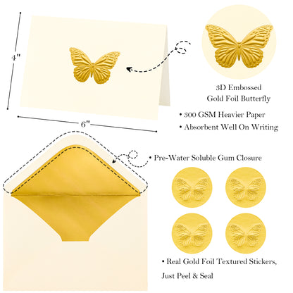 Crisky Embossed Gold Blank Greeting Cards with Envelopes & Stickers 50 Pack Butterfly Note Cards Bulk for Birthday, Baby Shower,Bridal Shower, Wedding, Graduation Blank Inside