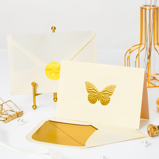 Crisky Embossed Gold Blank Greeting Cards with Envelopes & Stickers 50 Pack Butterfly Note Cards Bulk for Birthday, Baby Shower,Bridal Shower, Wedding, Graduation Blank Inside