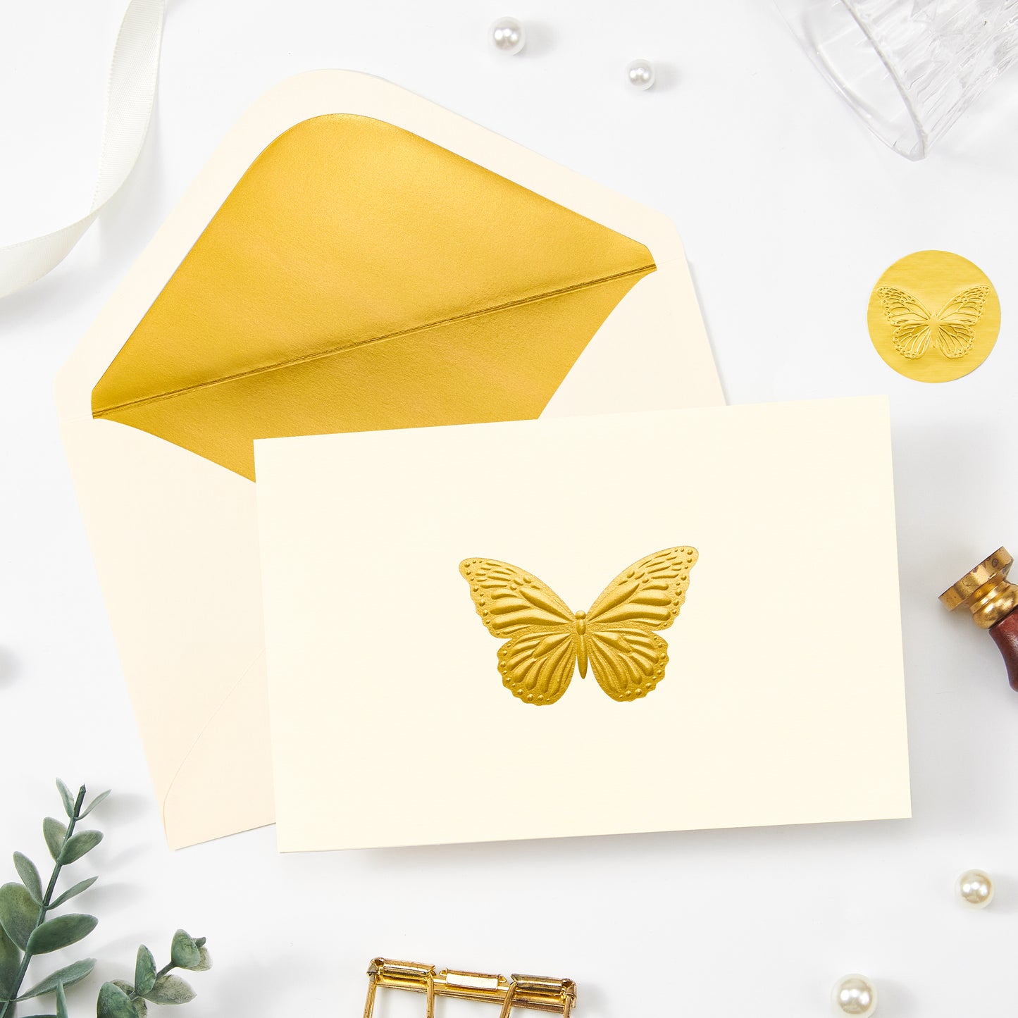 Crisky Embossed Gold Blank Greeting Cards with Envelopes & Stickers 50 Pack Butterfly Note Cards Bulk for Birthday, Baby Shower,Bridal Shower, Wedding, Graduation Blank Inside