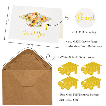 Crisky Graduation Thank You Cards 2024 with Self-adhesive Envelopes & Stickers, 25 PK Graduation Thank You Notes Bulk, Flowers Graduation Cap with Gold Foil Design