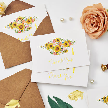 Crisky Graduation Thank You Cards 2024 with Self-adhesive Envelopes & Stickers, 25 PK Graduation Thank You Notes Bulk, Flowers Graduation Cap with Gold Foil Design