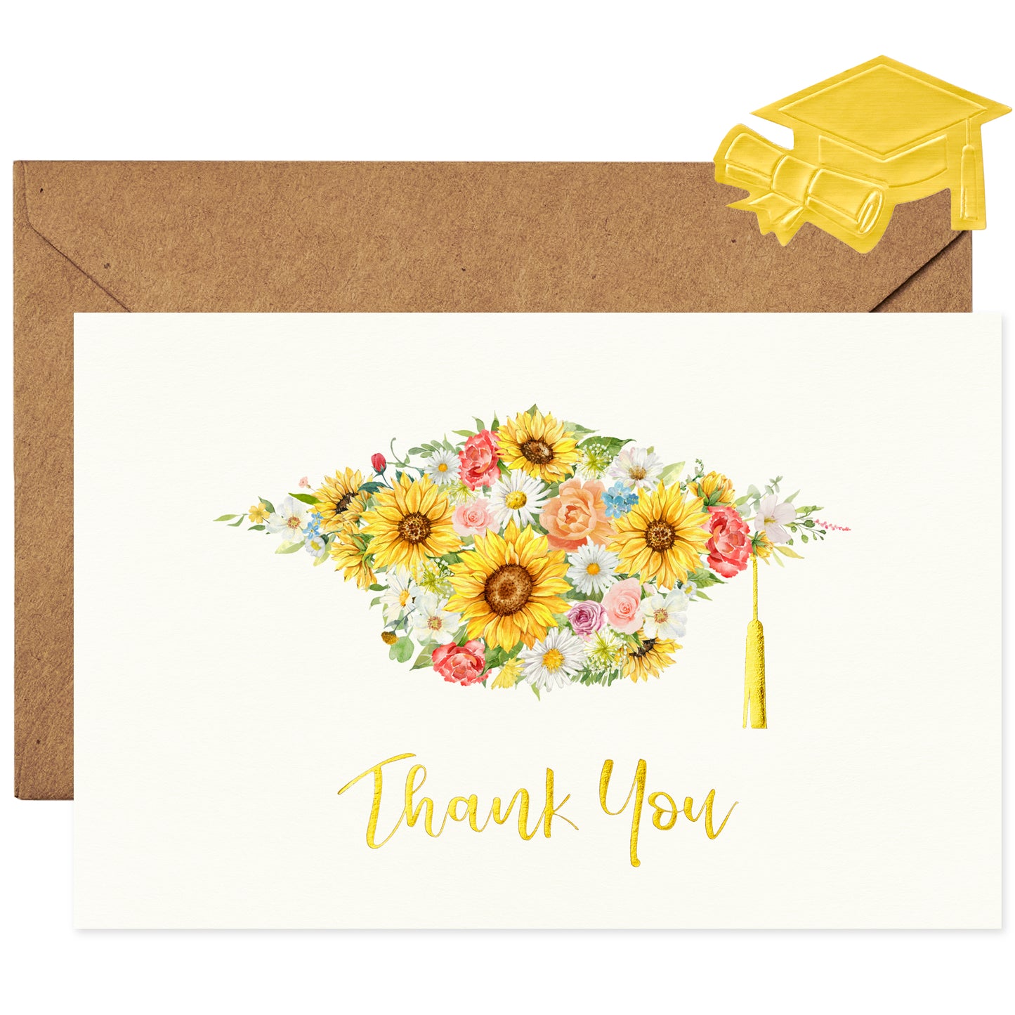 Crisky Graduation Thank You Cards 2024 with Self-adhesive Envelopes & Stickers, 50 PK Graduation Thank You Notes Bulk, Flowers Graduation Cap with Gold Foil Design