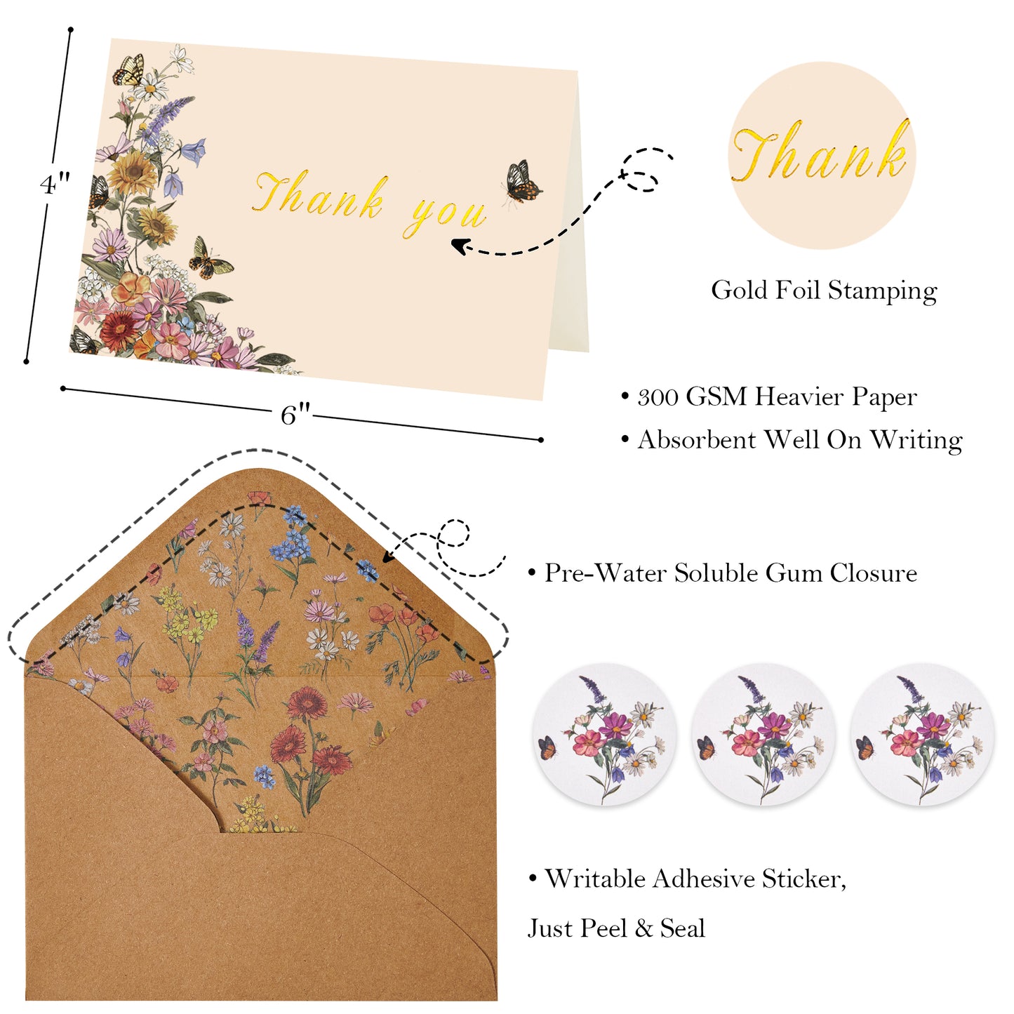 Crisky Thank You Cards 3 Assortment, Watercolor Vintage Wildflowers & Butterflies (25 Cards with Envelopes for Birthday, Baby Shower, Bridal Shower, Wedding, All Occasion)