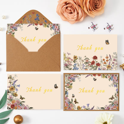 Crisky Thank You Cards 3 Assortment, Watercolor Vintage Wildflowers & Butterflies (25 Cards with Envelopes for Birthday, Baby Shower, Bridal Shower, Wedding, All Occasion)