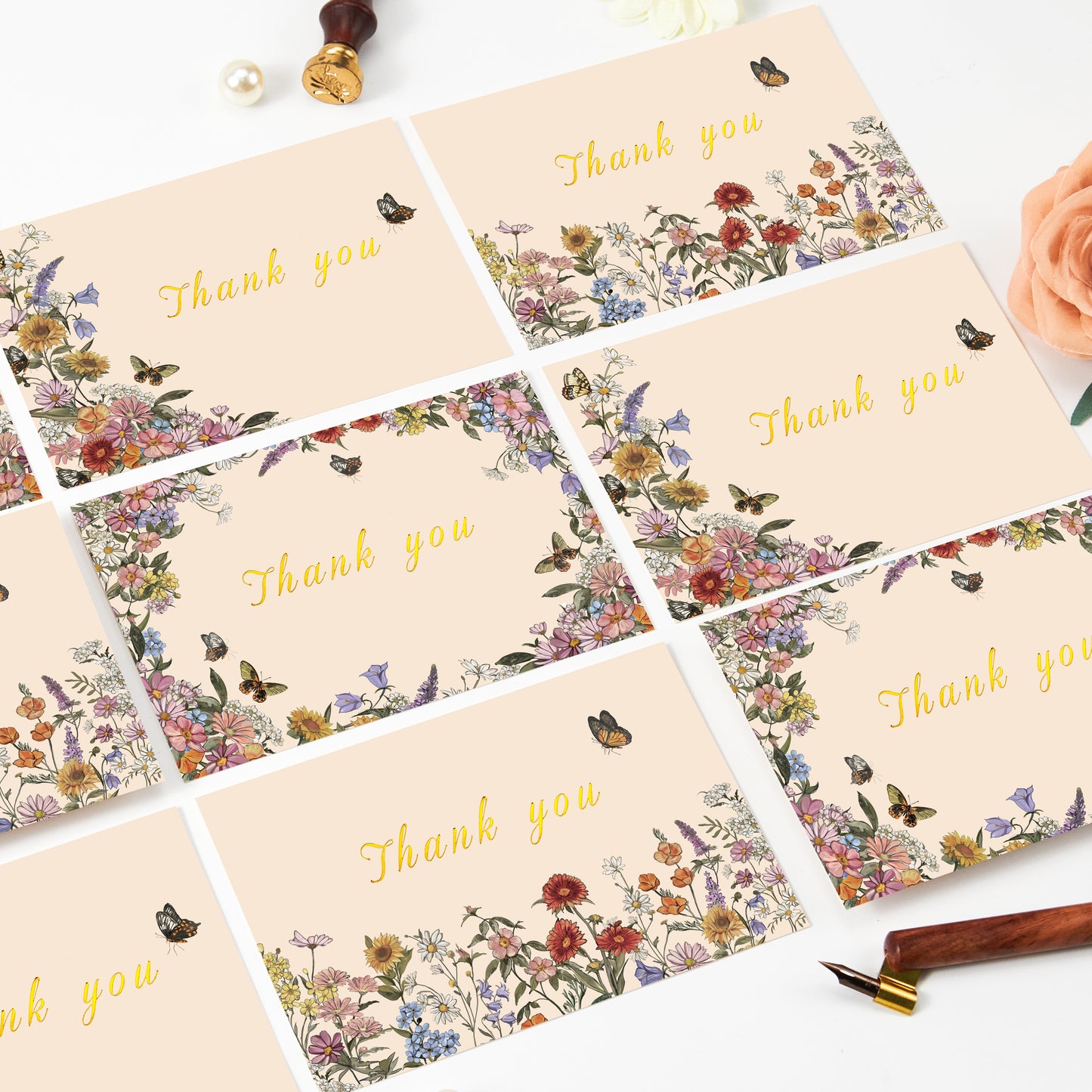 Crisky Thank You Cards 3 Assortment, Watercolor Vintage Wildflowers & Butterflies (25 Cards with Envelopes for Birthday, Baby Shower, Bridal Shower, Wedding, All Occasion)