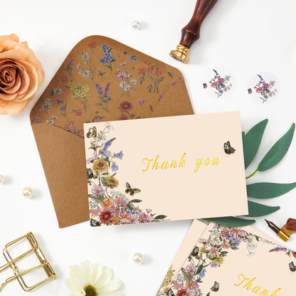 Crisky Thank You Cards 3 Assortment, Watercolor Vintage Wildflowers & Butterflies (25 Cards with Envelopes for Birthday, Baby Shower, Bridal Shower, Wedding, All Occasion)