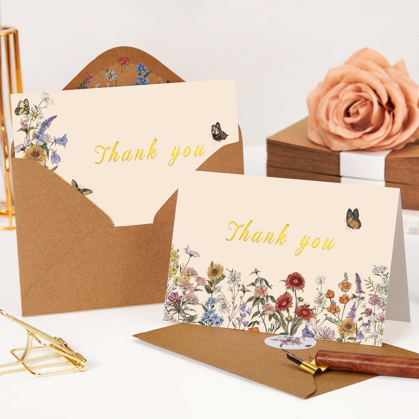 Crisky Thank You Cards 3 Assortment, Watercolor Vintage Wildflowers & Butterflies (25 Cards with Envelopes for Birthday, Baby Shower, Bridal Shower, Wedding, All Occasion)