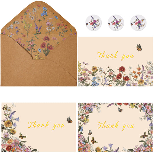 Crisky Thank You Cards 3 Assortment, Watercolor Vintage Wildflowers & Butterflies (25 Cards with Envelopes for Birthday, Baby Shower, Bridal Shower, Wedding, All Occasion)