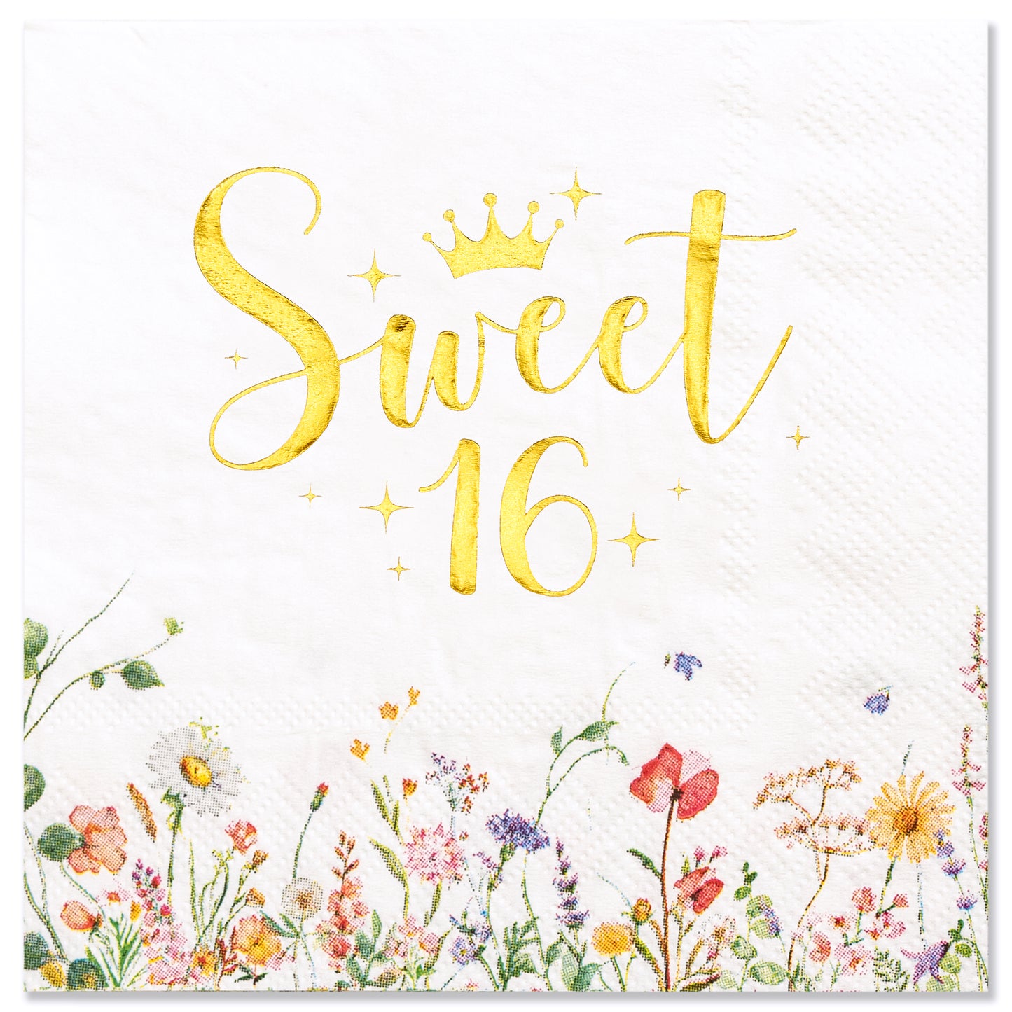 Crisky Floral Gold Sweet 16 Birthday Napkins - Gold Foil Paper Disposable Napkins for Girl's 16th Birthday Party Decoration, 3-Ply, 50 Counts