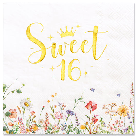 Crisky Floral Gold Sweet 16 Birthday Napkins - Gold Foil Paper Disposable Napkins for Girl's 16th Birthday Party Decoration, 3-Ply, 50 Counts