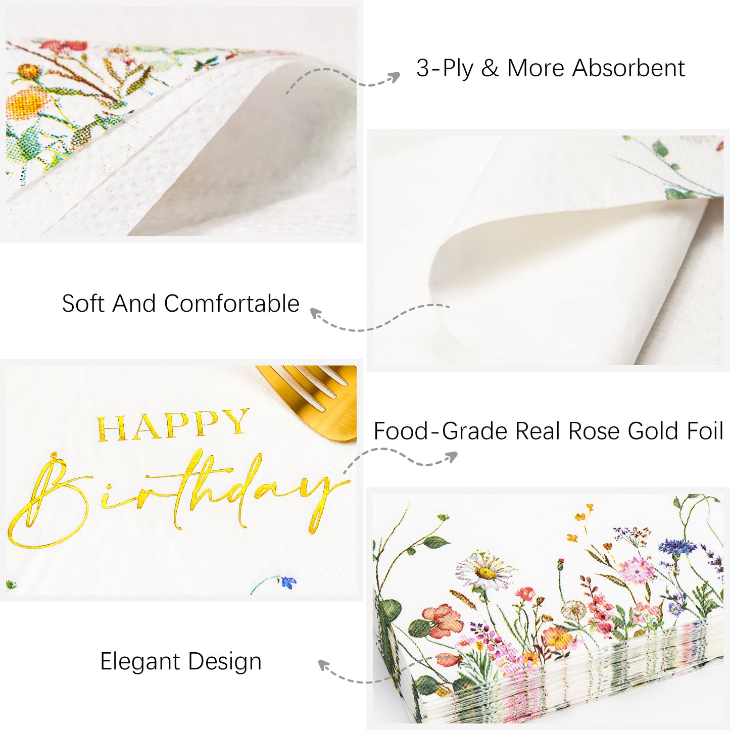 Crisky 50 Pcs Wildflower Floral Gold Foil Luncheon Happy Birthday Disposable Paper Napkins for Birthday Party Decoration, 3-Ply