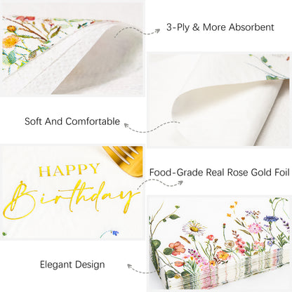 Crisky 50 Pcs Wildflower Floral Gold Foil Luncheon Happy Birthday Disposable Paper Napkins for Birthday Party Decoration, 3-Ply