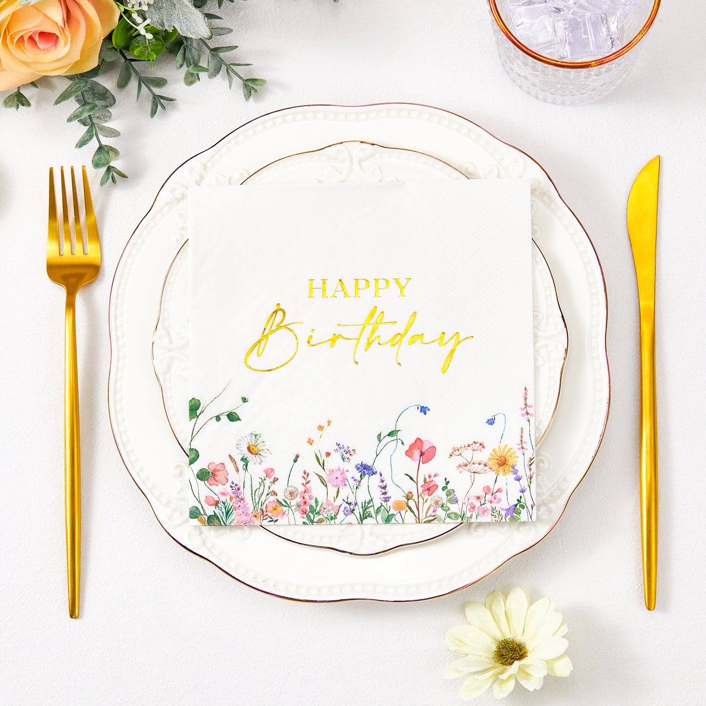 Crisky 50 Pcs Wildflower Floral Gold Foil Luncheon Happy Birthday Disposable Paper Napkins for Birthday Party Decoration, 3-Ply