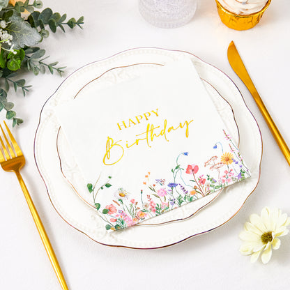 Crisky 50 Pcs Wildflower Floral Gold Foil Luncheon Happy Birthday Disposable Paper Napkins for Birthday Party Decoration, 3-Ply