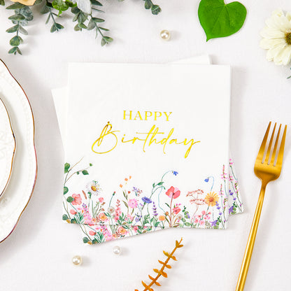 Crisky 50 Pcs Wildflower Floral Gold Foil Luncheon Happy Birthday Disposable Paper Napkins for Birthday Party Decoration, 3-Ply