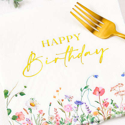 Crisky 50 Pcs Wildflower Floral Gold Foil Luncheon Happy Birthday Disposable Paper Napkins for Birthday Party Decoration, 3-Ply