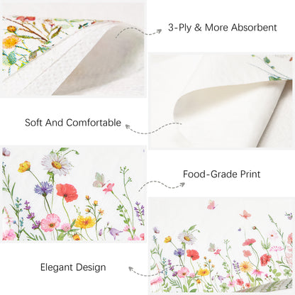 Crisky 100 Pcs Wildflower Floral Cocktail Disposable Paper Napkins for Wedding/Engagement/Bridal Shower/Baby Shower/Anniversary Party Decoration, 3-Ply