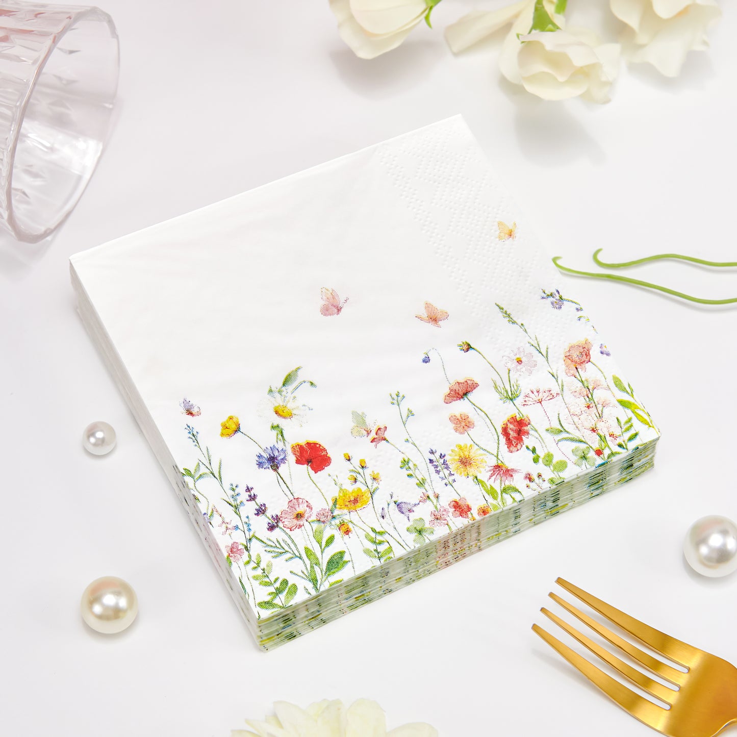 Crisky 100 Pcs Wildflower Floral Cocktail Disposable Paper Napkins for Wedding/Engagement/Bridal Shower/Baby Shower/Anniversary Party Decoration, 3-Ply