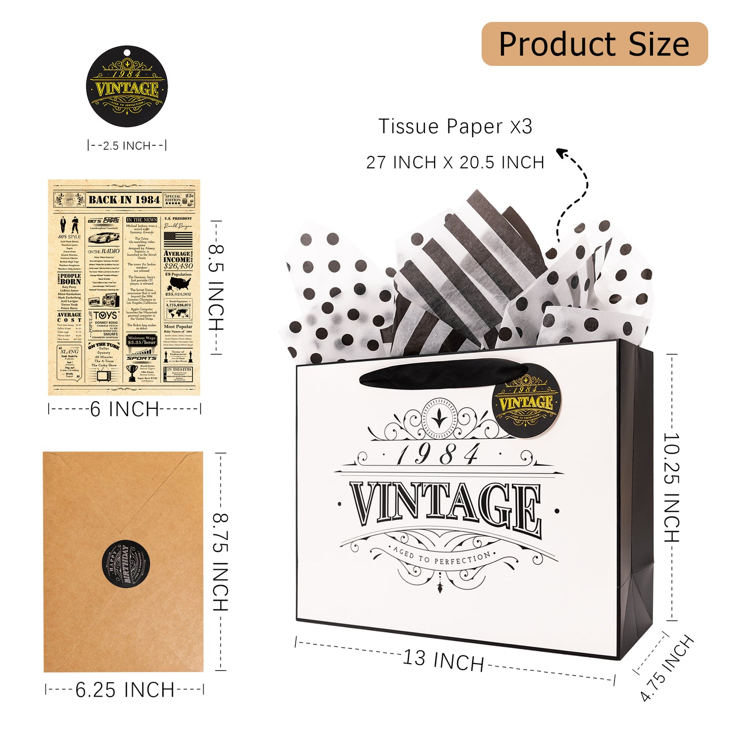 Crisky 12" Large Gift Wrap Bag (History and Trivia from 1984) with Greeting Card Matching Envelope Sticker and Tissue Paper for Women/Wife/Sister/Mom/Aunt/Friends 40th Birthday Gifts