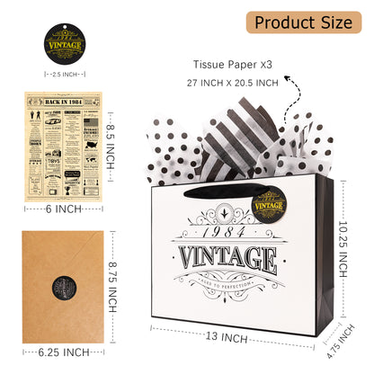 Crisky 12" Large Gift Wrap Bag (History and Trivia from 1984) with Greeting Card Matching Envelope Sticker and Tissue Paper for Women/Wife/Sister/Mom/Aunt/Friends 40th Birthday Gifts