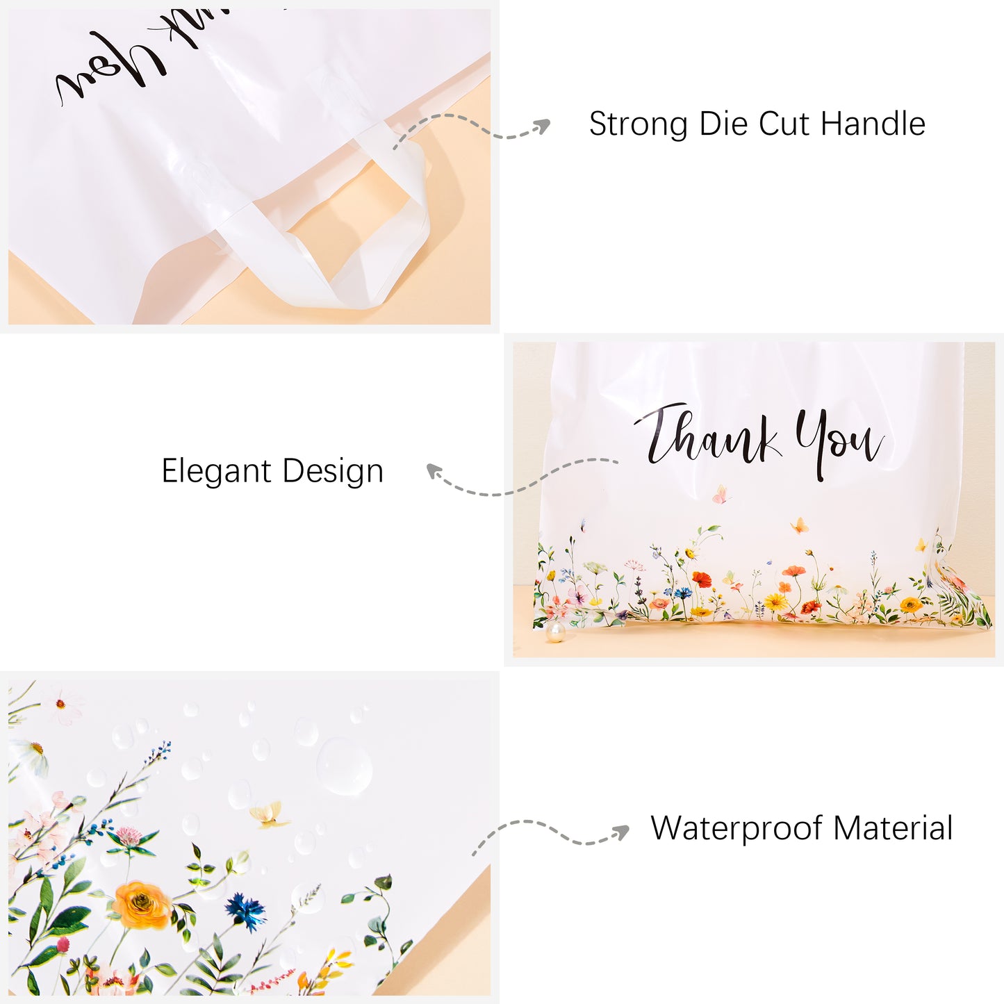 商品图片 Crisky Thank You Bags for Business 50 Pack Floral Plastic Shopping Bags With Soft Loop Handle, Merchandise Bags, Boutique Bags, Goodie Bags Suit for Boutique Small Business Retail Gifts, 15" W x 12" H