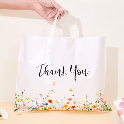 商品图片 Crisky Thank You Bags for Business 50 Pack Floral Plastic Shopping Bags With Soft Loop Handle, Merchandise Bags, Boutique Bags, Goodie Bags Suit for Boutique Small Business Retail Gifts, 15" W x 12" H