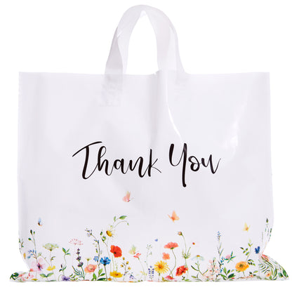 商品图片 Crisky Thank You Bags for Business 50 Pack Floral Plastic Shopping Bags With Soft Loop Handle, Merchandise Bags, Boutique Bags, Goodie Bags Suit for Boutique Small Business Retail Gifts, 15" W x 12" H